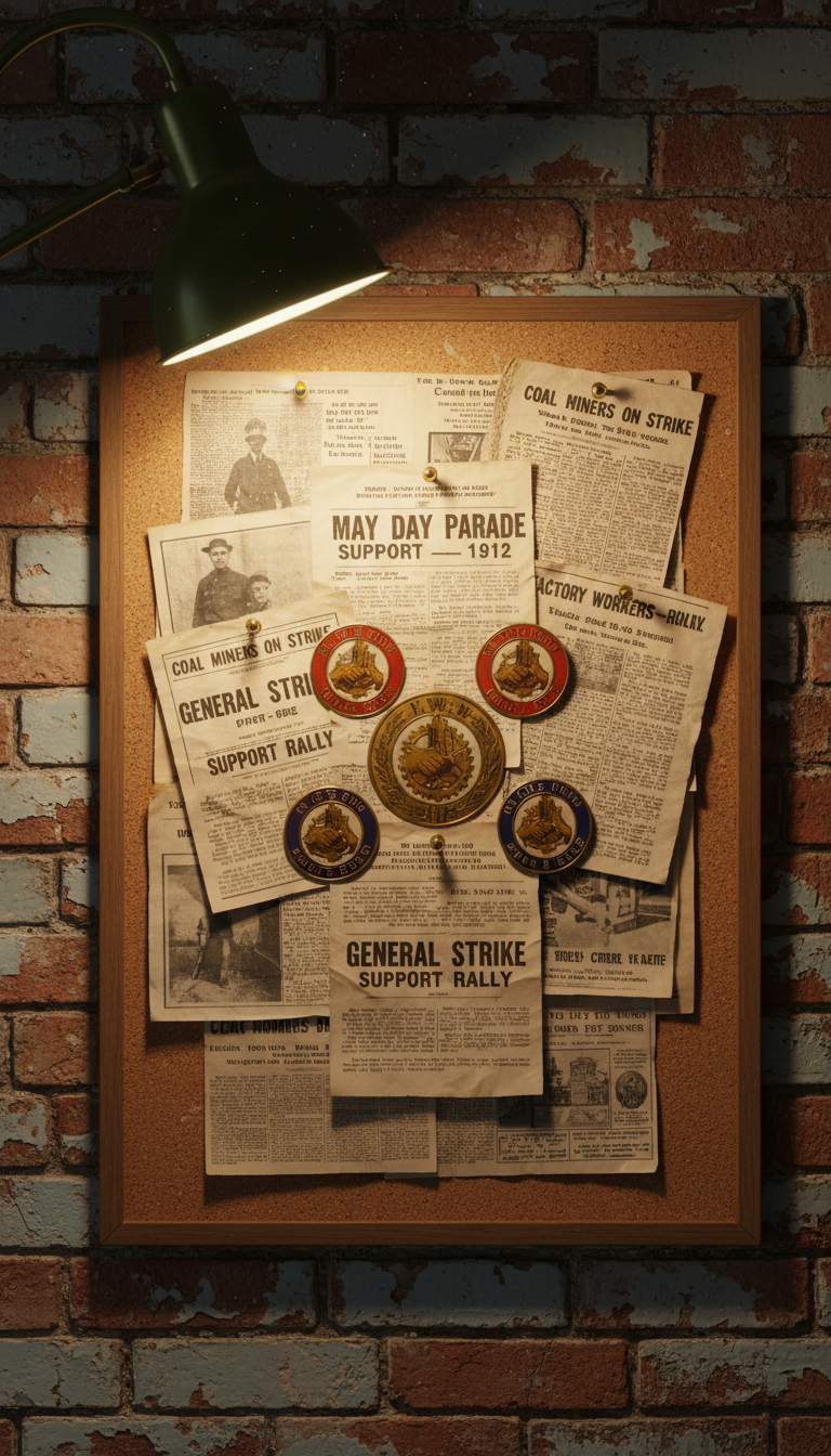 A meticulously organized corkboard, filled edge to edge with a collage of historic labor union badges, event flyers from the early 20th century, and monochromatic press clippings, all fastened with brass pins. The board hangs on a painted brick wall, surrounded by subtle traces of peeling paint and dust, offering a sense of time passed. Illuminated by a single old-fashioned gooseneck lamp, the scene is awash in warm, focused light that gently fades toward the edges, generating a feeling of intimacy and nostalgia. Framed in a slightly off-center, eye-level composition, the image emphasizes the richly textured narrative elements. The artistic style is modern yet imbued with layers of history, supporting the website's focus on labor memory.