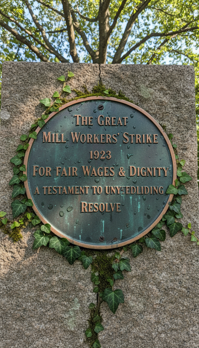 A close-up of a commemorative metal plaque, oxidized to a rich bronze-green patina, engraved with bold serif lettering recounting a pivotal labor strike. The plaque is mounted on weathered stone and framed by creeping ivy and moss, while faint imprints of rain create a subtle sheen across its surface. Dappled midday sunlight filters through nearby trees, casting shifting patterns of light and shadow over the engraving, lending a solemn and respectful mood. Captured in sharp focus with a low, slightly angled perspective, the composition draws attention to the meaningful words and tactile contrast. The aesthetic is understated and dignified, harmonizing with the site's mission to honor labor history.