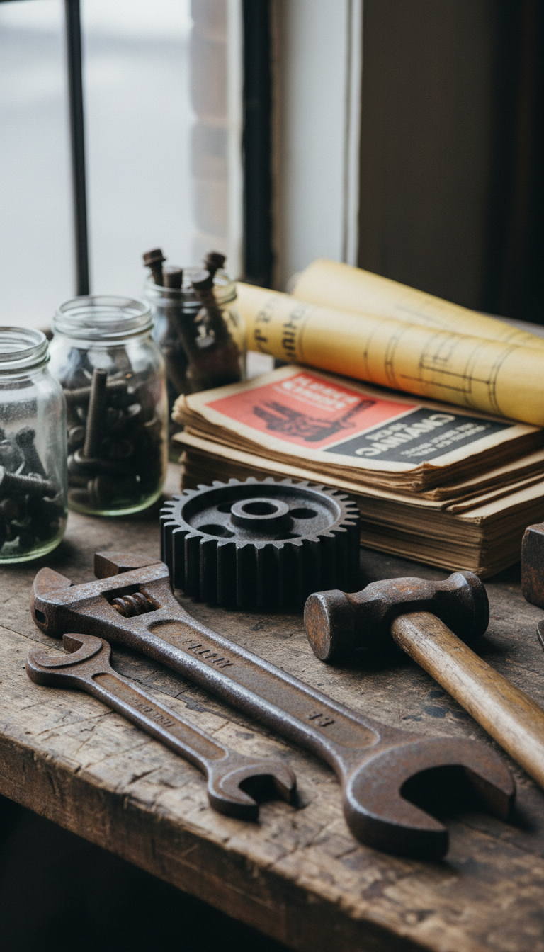 A collection of vintage industrial tools—rusted steel wrenches, a cast iron gear, and a wooden-handled hammer—neatly arranged atop a rough, oil-stained workbench. In the background, stacks of dog-eared labor union pamphlets and faded blueprints peek from behind aged glass jars filled with bolts. The scene is bathed in soft, overcast daylight streaming through a workshop window, diffusing across the varied textures and highlighting both materials and patina. The composition features an eye-level view with careful use of the rule of thirds, accentuating the authenticity and tactile sense of hands-on labor. The atmosphere is rugged yet reverent, suited to a labor history narrative with a photographic, documentary style.